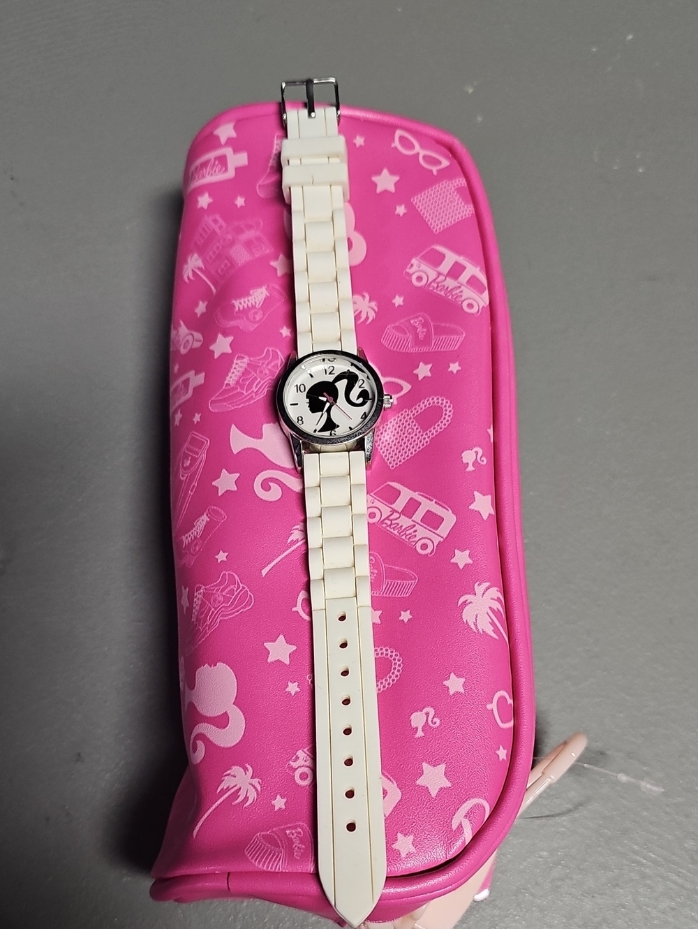 Barbie Mattel Analog Quartz Wristwatch White Link Band Black Silhouette 2012